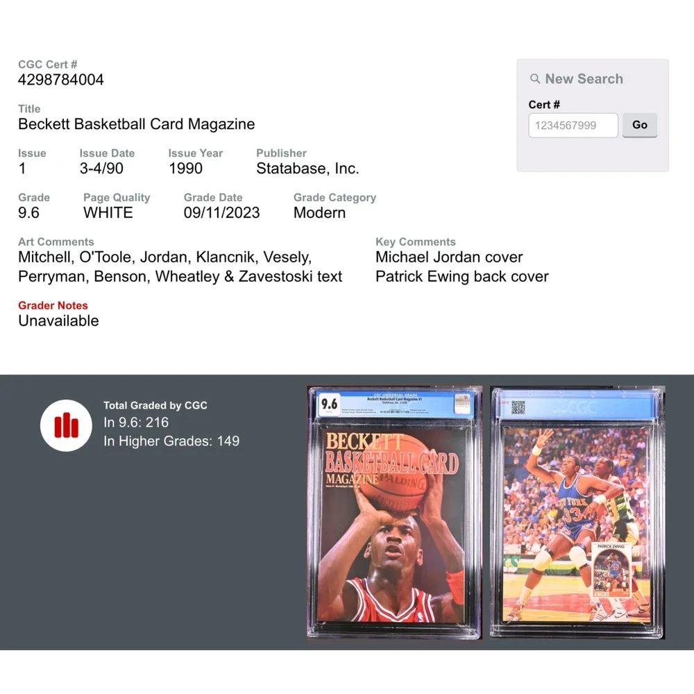 Michael Jordan CGC 9.6 Beckett Basketball Card Magazine Issue #1 Patrick Ewing